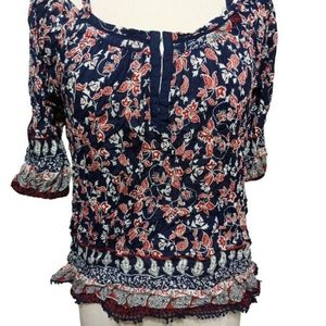 Japna Womens Cold Shoulder Blouse S Navy Blue Paisley Boho Spaghetti Straps